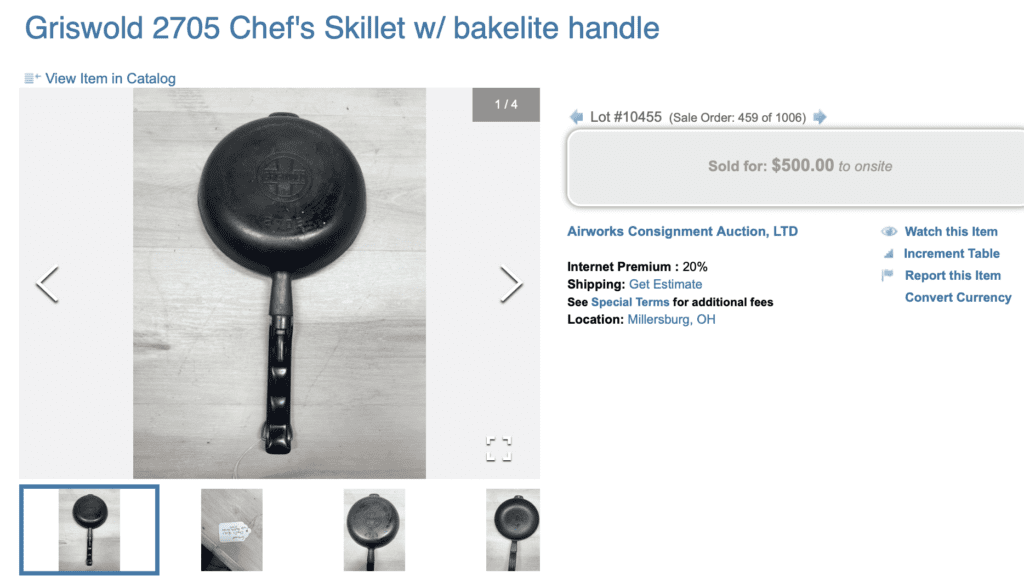 Griswold cast iron Chef's Skillet with Bakelite handle, pattern number 2705, sold for $500.